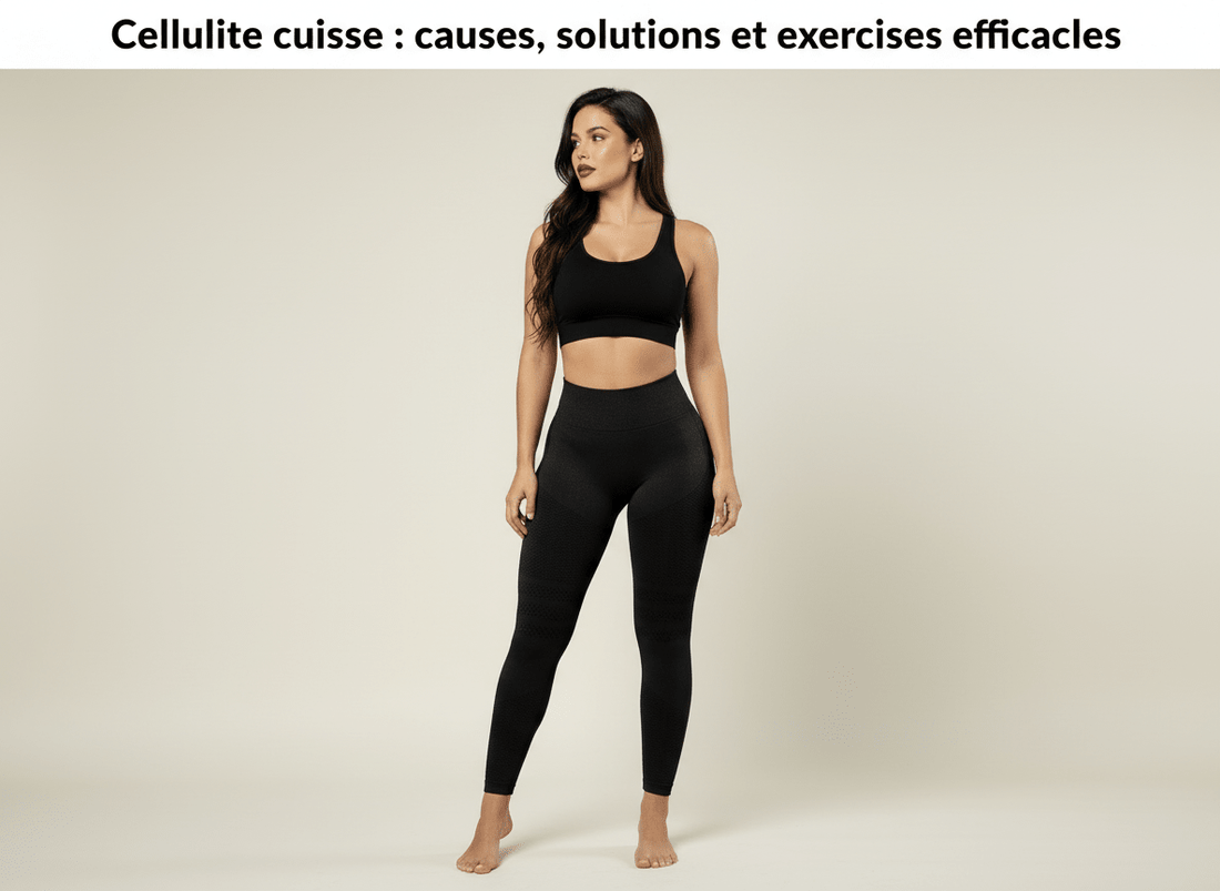 Femme sportive debout regardant ailleurs, portant un legging noir moulant avec motifs, illustration pour article sur la cellulite cuisses : causes, solutions et exercices efficaces.