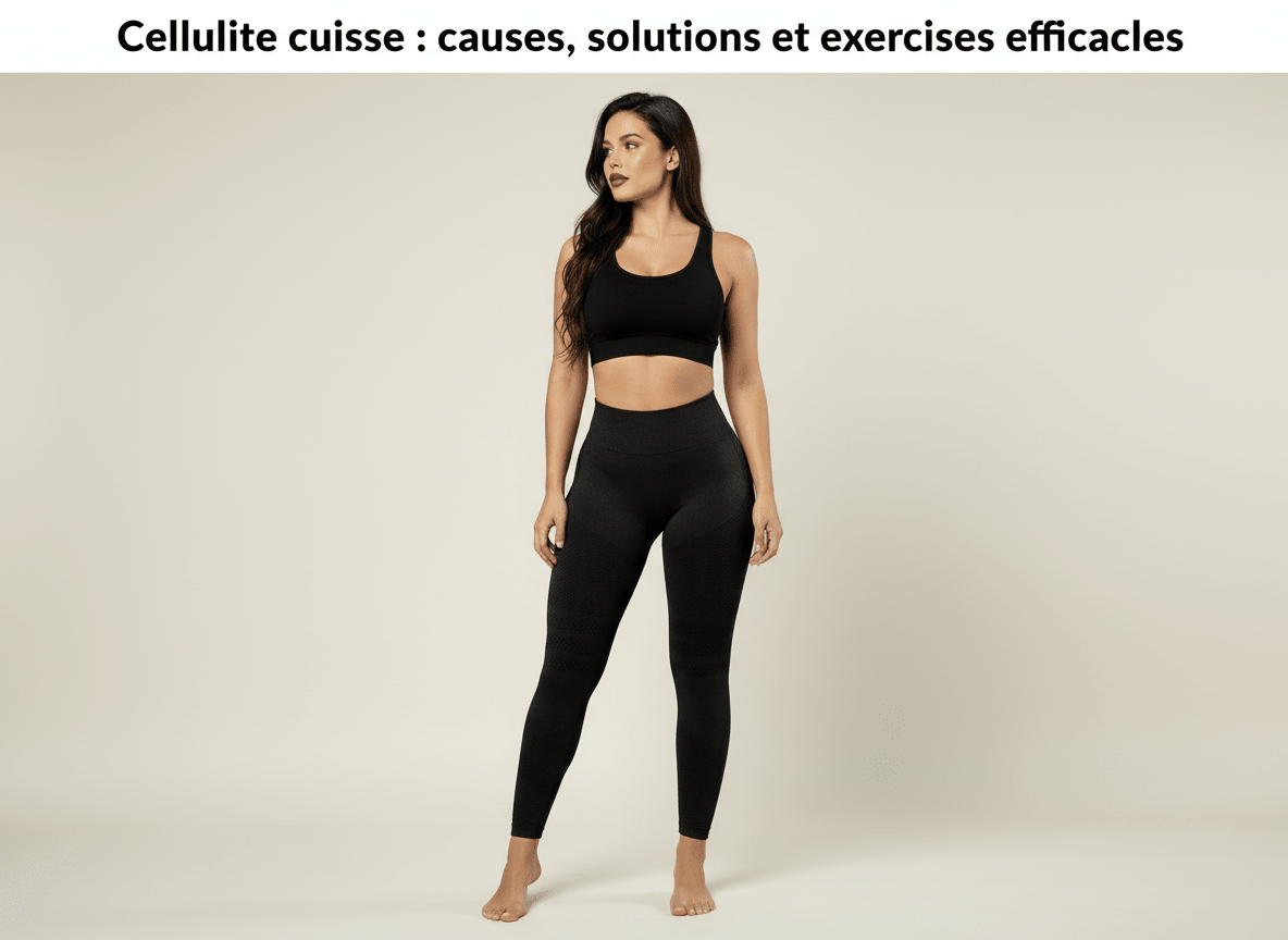 Femme sportive debout regardant ailleurs, portant un legging noir moulant avec motifs, illustration pour article sur la cellulite cuisses : causes, solutions et exercices efficaces.