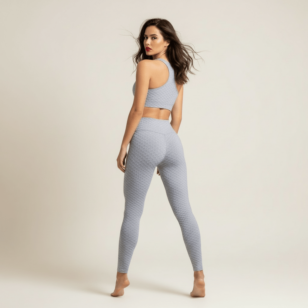 Femme debout de dos, portant un legging sport gris clair nid d’abeille et brassière assortie, effet galbant, pieds nus, fond studio crème, cheveux lâchés, rouge à lèvres intense, style premium