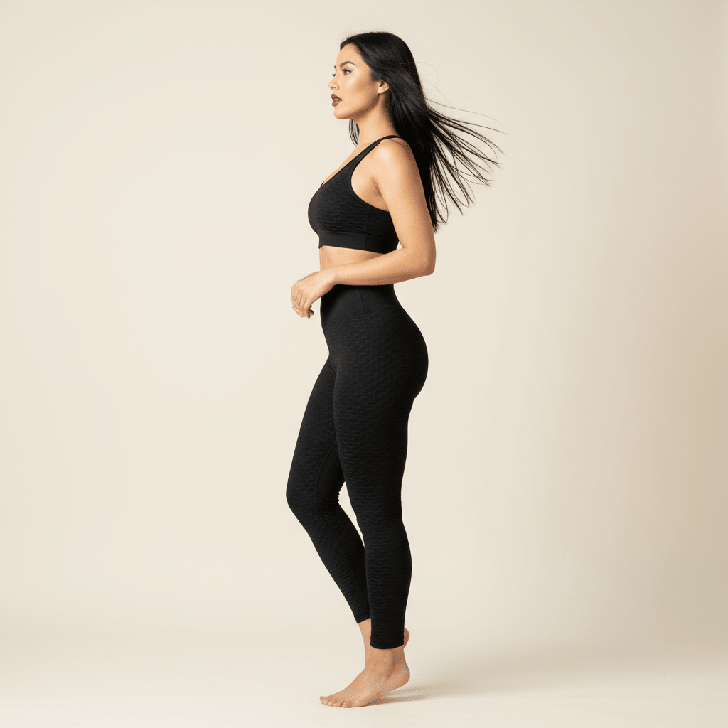 Femme debout profil, legging sport noir noir nid d’abeille, brassière assortie, galbe sculptant, pieds nus, fond crème minimaliste, style premium