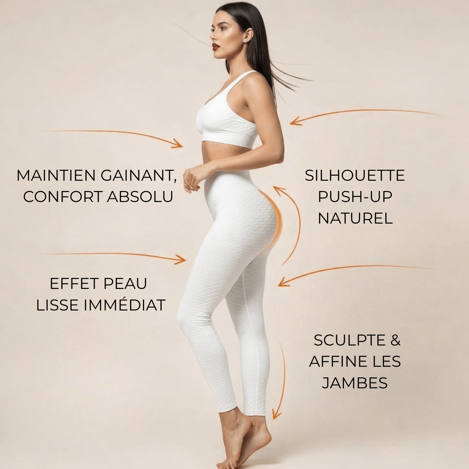 Legging sport femme blanc, vue pédagogique, flèches élégantes illustrant l’effet galbant, compression ou anti-cellulite, fond crème, style premium,