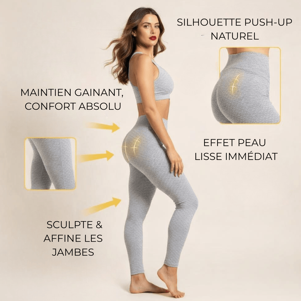 Legging sport femme gris clair , vue pédagogique, flèches élégantes illustrant l’effet galbant, compression ou anti-cellulite, fond crème, style premium,