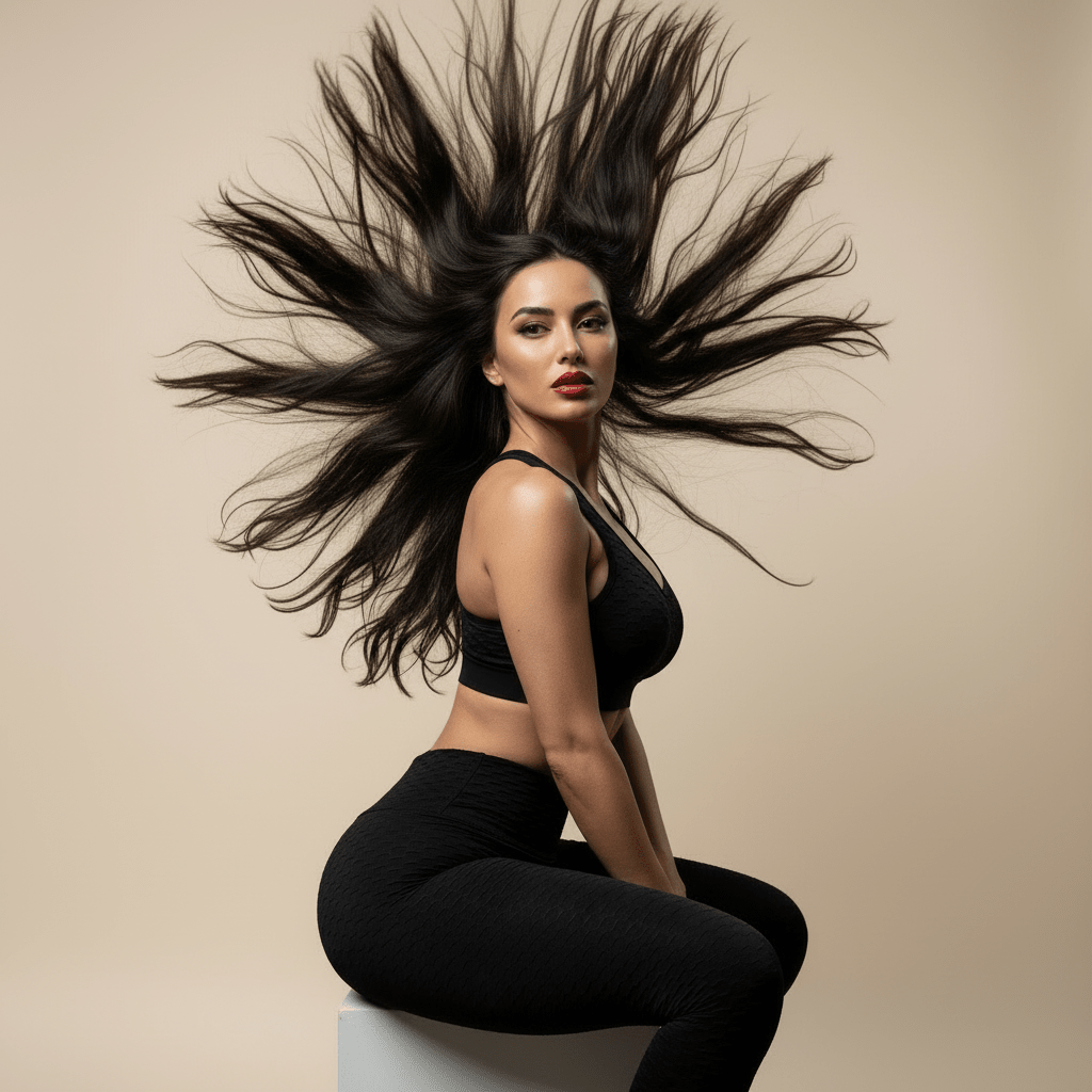 Legging sport femme noir push-up, brassière noire, mannequin assise avec cheveux lâchés en mouvement, fond crème doux, look premium et dynamique