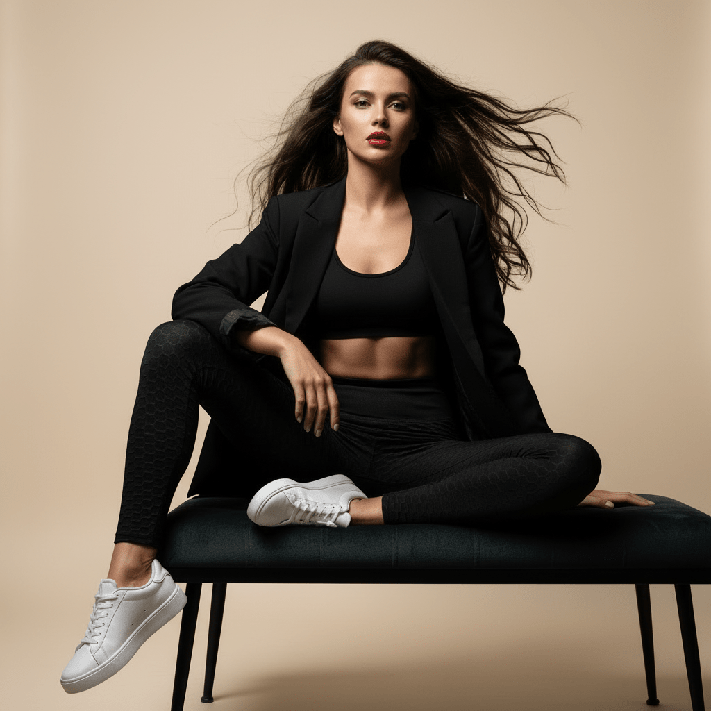 Legging sport femme noir push-up, brassière noire, mannequin debout en pose élégante, cheveux lâchés, fond crème doux, style athlétique et féminin