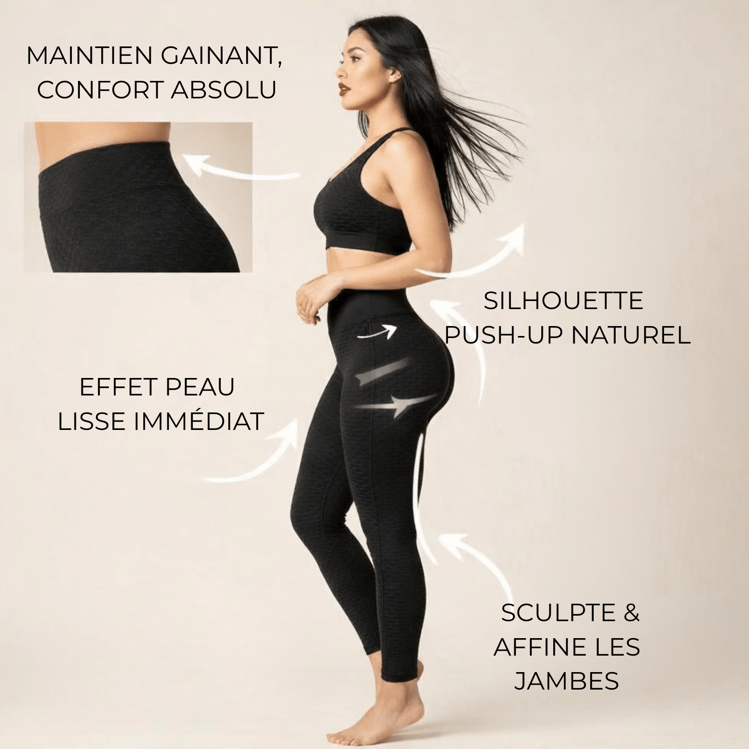 Legging sport femme noir , vue pédagogique, flèches élégantes illustrant l’effet galbant, compression ou anti-cellulite, fond crème, style premium,