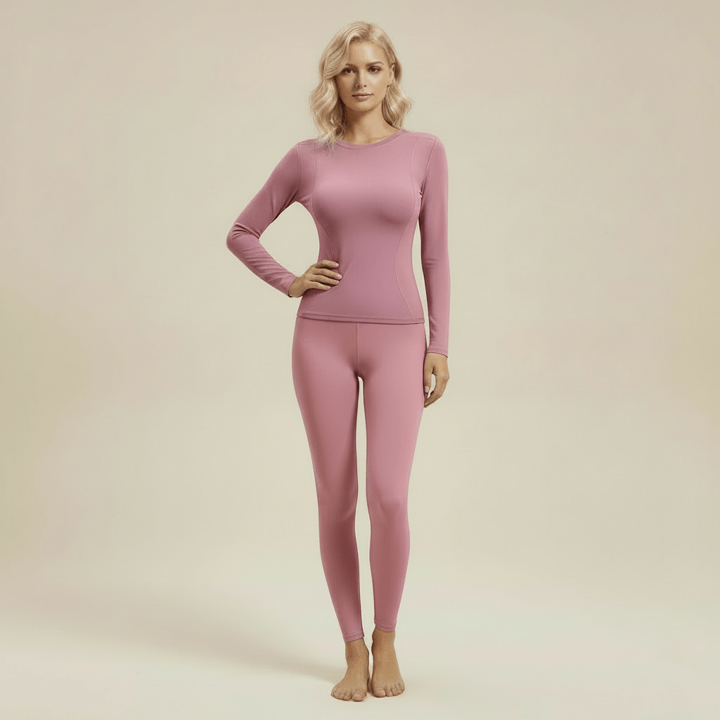T-shirt manches longues cintre femme rose poudré, vue de face, coutures princesse visibles, studio beige doux.