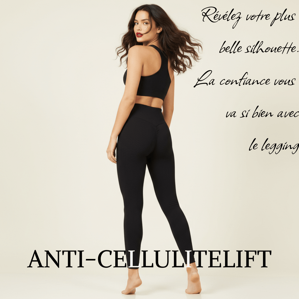 Vue de dos d’une femme entière portant un legging sport noir à texture nid d’abeille, brassière assortie, effet galbant sculptant, pieds nus, fond crème minimaliste, style premium