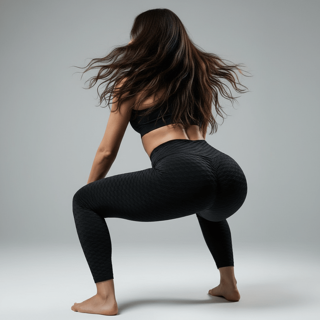 Zoom sur la texture du tissu noir du legging , compression ciblée et couture plate