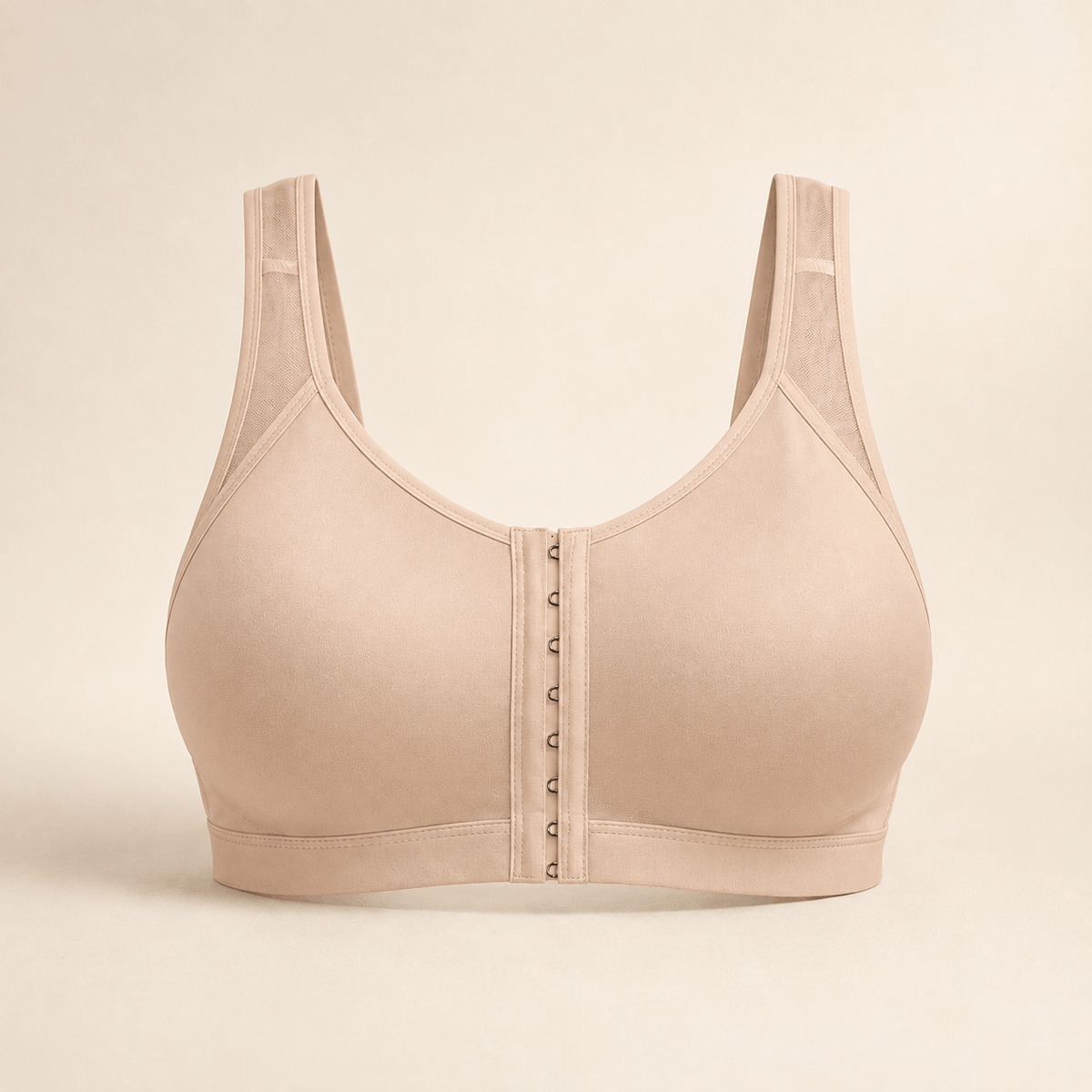 Brassière à fermeture avant beige, bretelles larges en tulle et agrafage devant