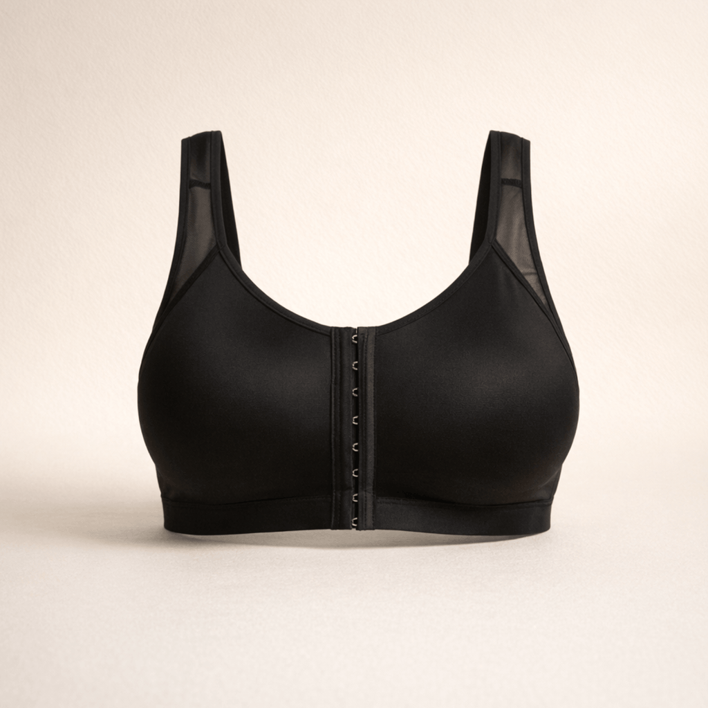Brassière à fermeture avant noire, bretelles larges en tulle et agrafage devant