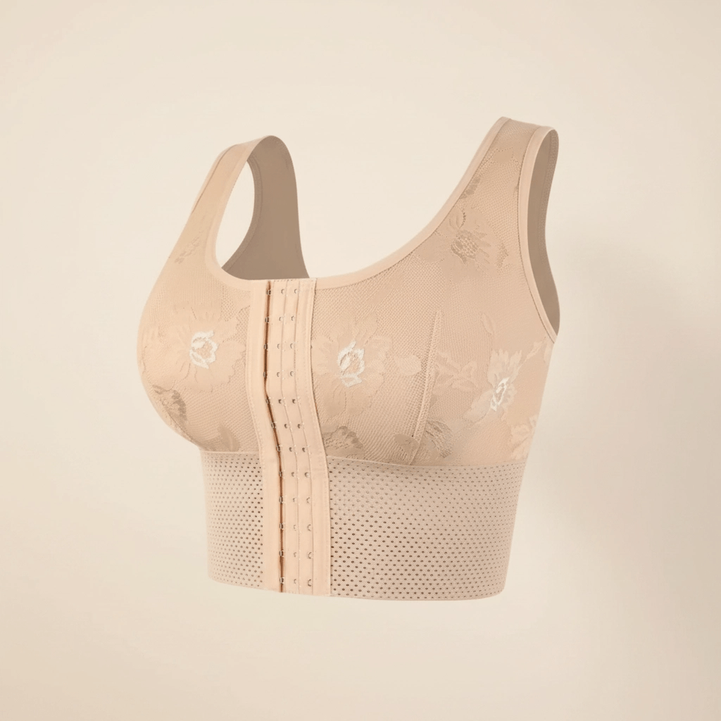 Brassière gainante ventre plat beige vue de profil, coupe longue gainante