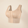 Brassière gainante ventre plat beige vue de profil, coupe longue gainante