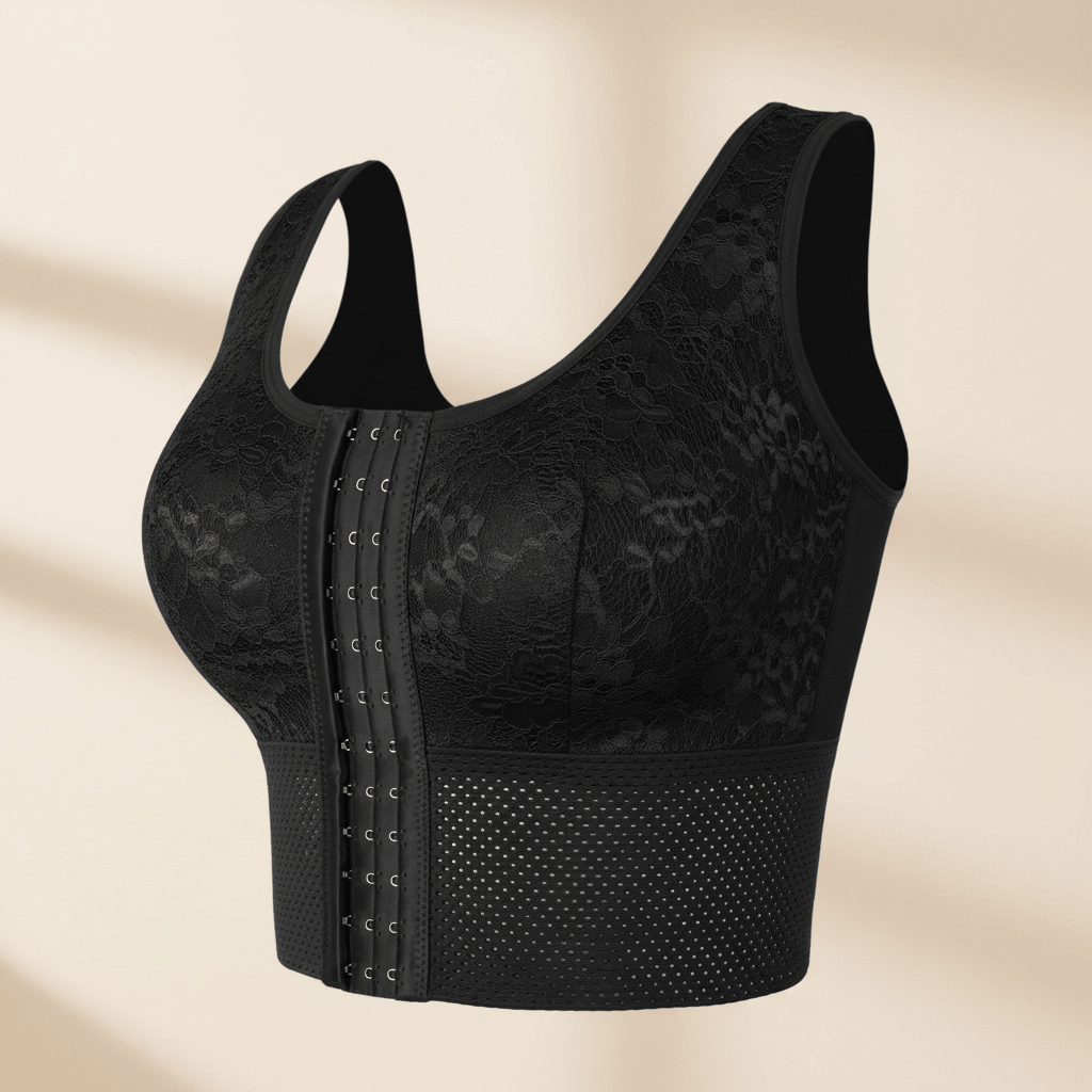 Brassière gainante effet ventre plat noire VUE de face, fermeture avant et motif floral