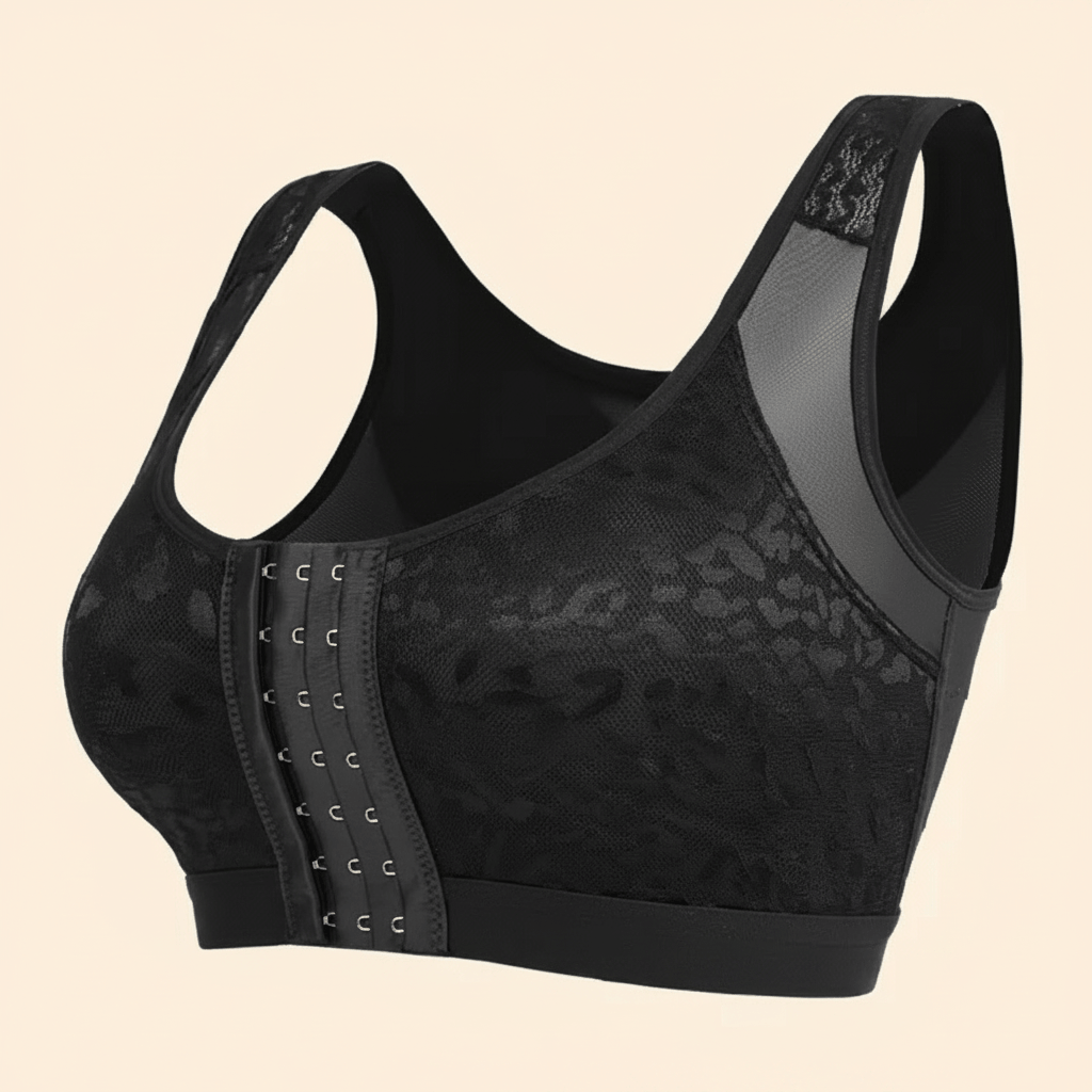 Brassière grand maintien femme noire avec fermeture à agrafes sur le devant, dentelle florale et bretelles larges, packshot e-commerce sur fond ivoire crème.