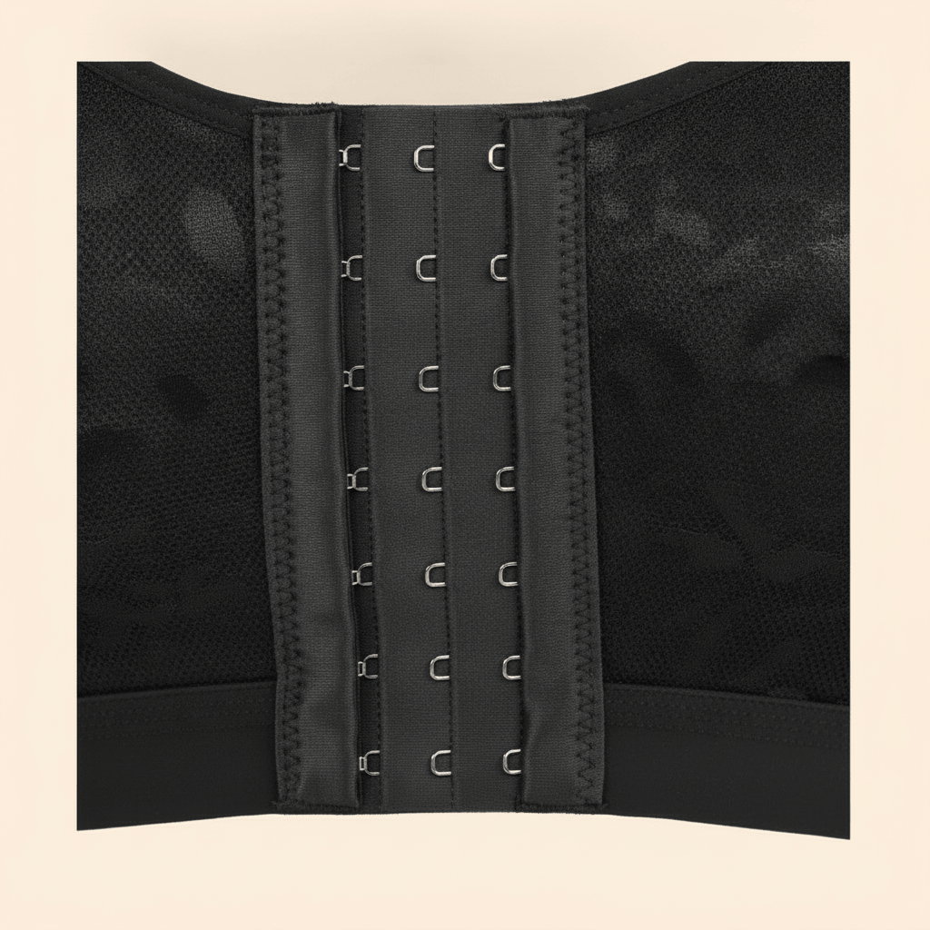 Brassière grand maintien femme noire, zoom sur la fermeture à agrafes sur le devant et les crochets, détail couture et maintien.
