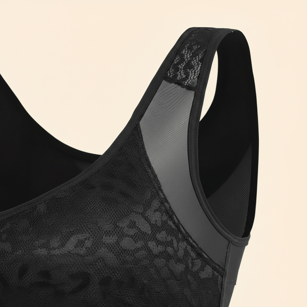 Brassière grand maintien femme noire, zoom sur les bretelles larges et la finition pour un maintien confortable, détail matière.