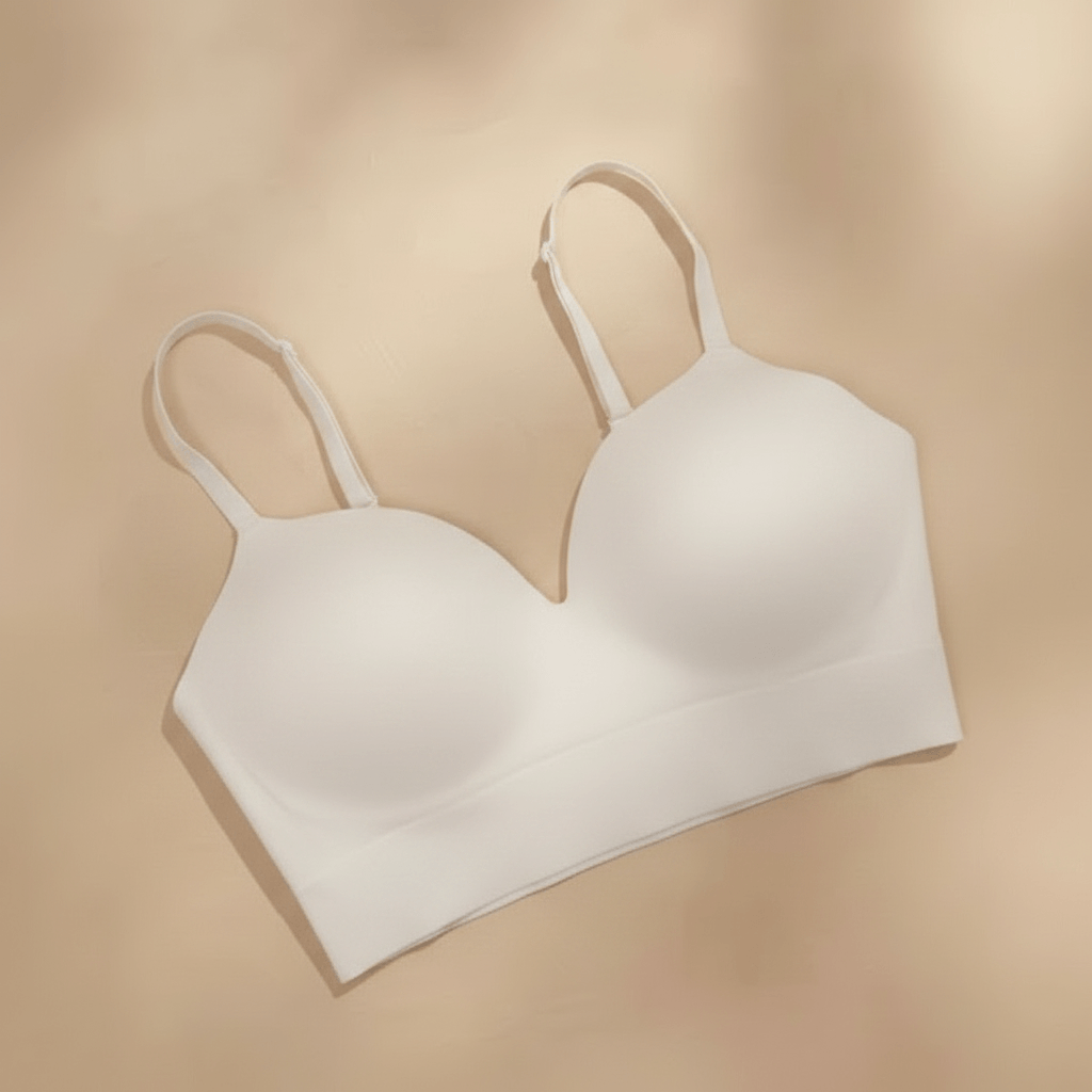 brassiere-sans-couture-invisible blanche, packshot e-commerce en layout pro sur fond ivoire crème doux, bretelles fines, rendu chic.