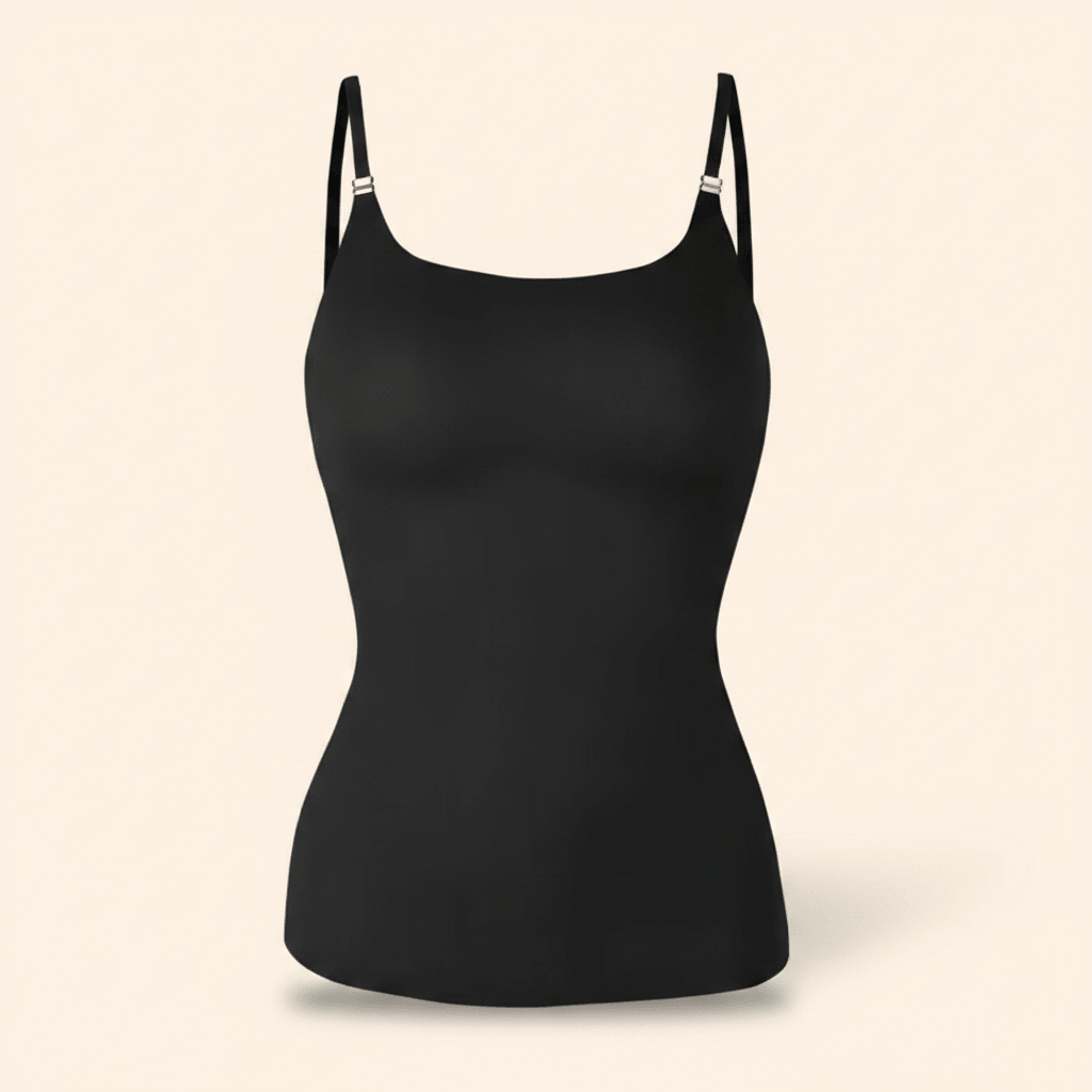 Caraco moulant gainant femme noir effet ghost mannequin, bretelles fines ajustables, packshot e-commerce sur fond ivoire crème.