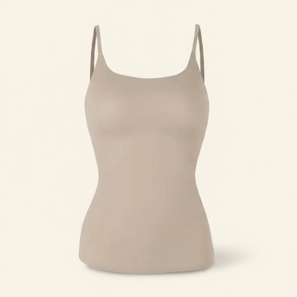 Caraco moulant gainant femme nude beige effet ghost mannequin, bretelles fines ajustables, packshot e-commerce sur fond ivoire crème.
