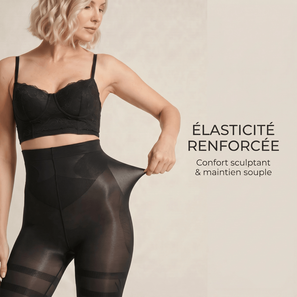 Démonstration de l'élasticité de la maille du collant anti-cellulite gainant noir
