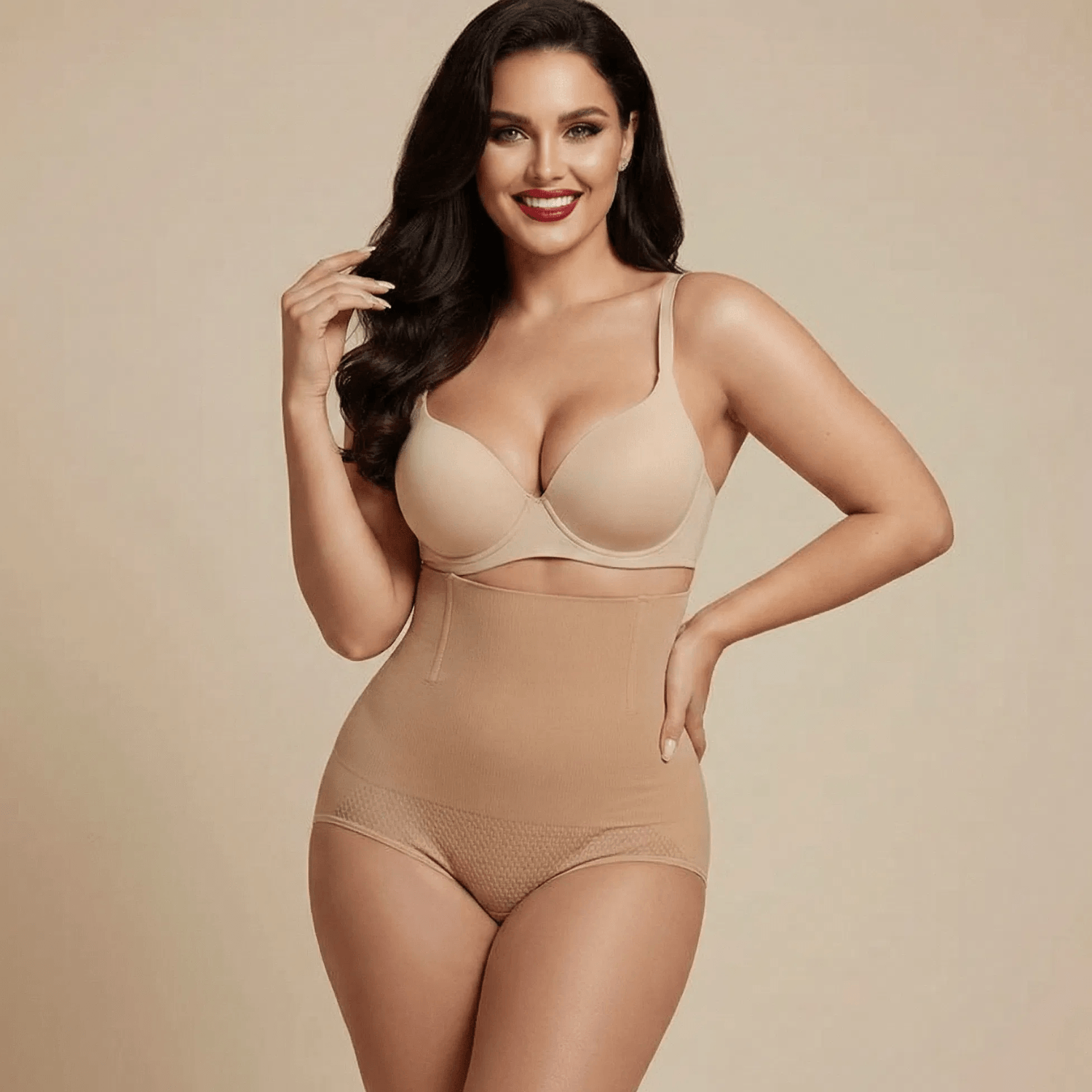Femme pulpeuse et souriante portant une culotte gainante grande taille beige, style glam chic, illustrant le confort et la confiance en soi.
