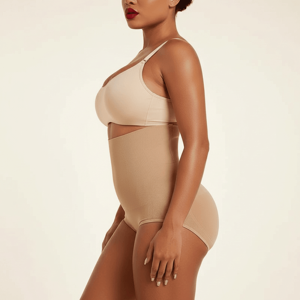 Vue de profil d'une culotte gainante grande taille montrant l'affinement de la taille et le maintien du bas-ventre.