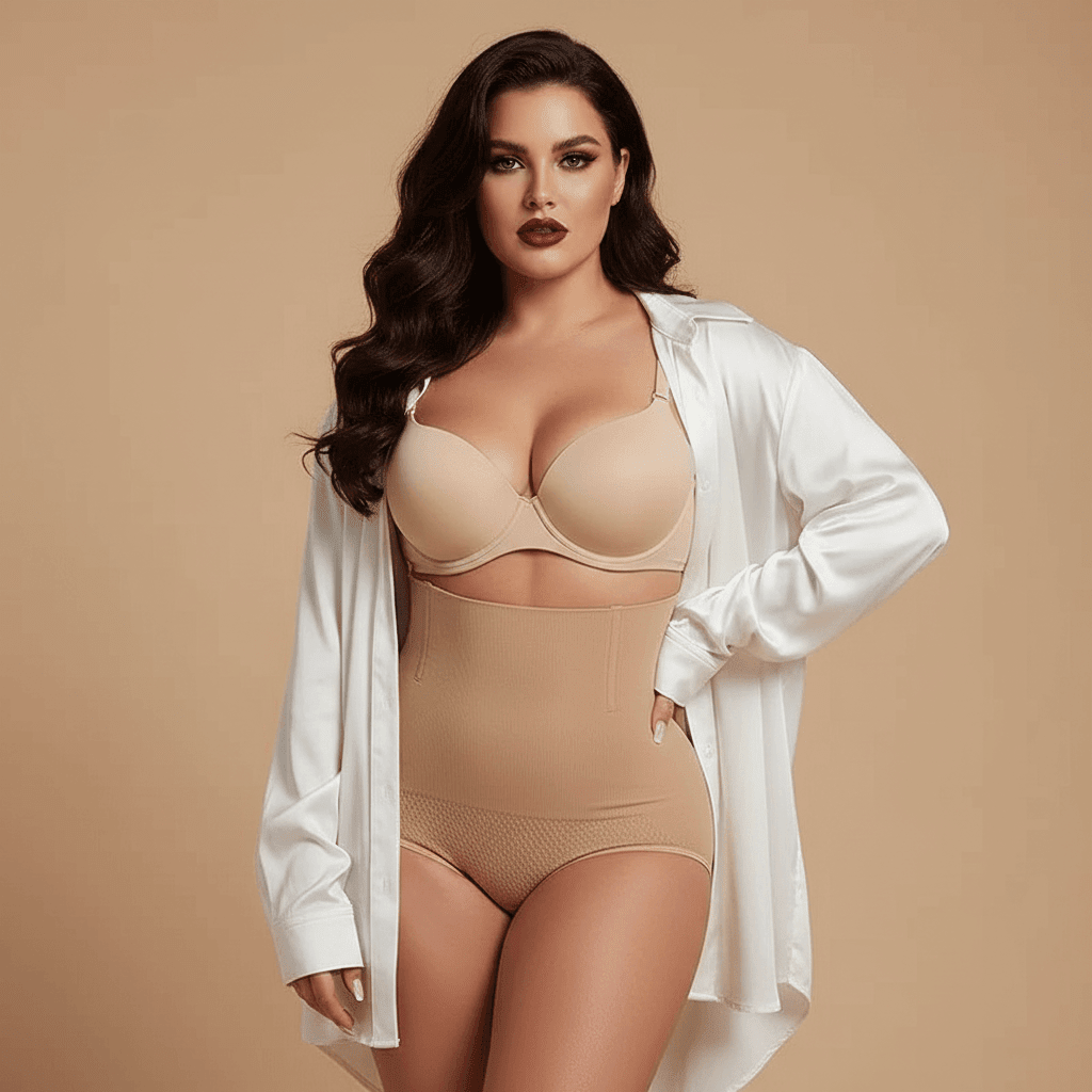Culotte gainante grande taille vue de face pour un effet ventre plat instantané et une silhouette lissée.