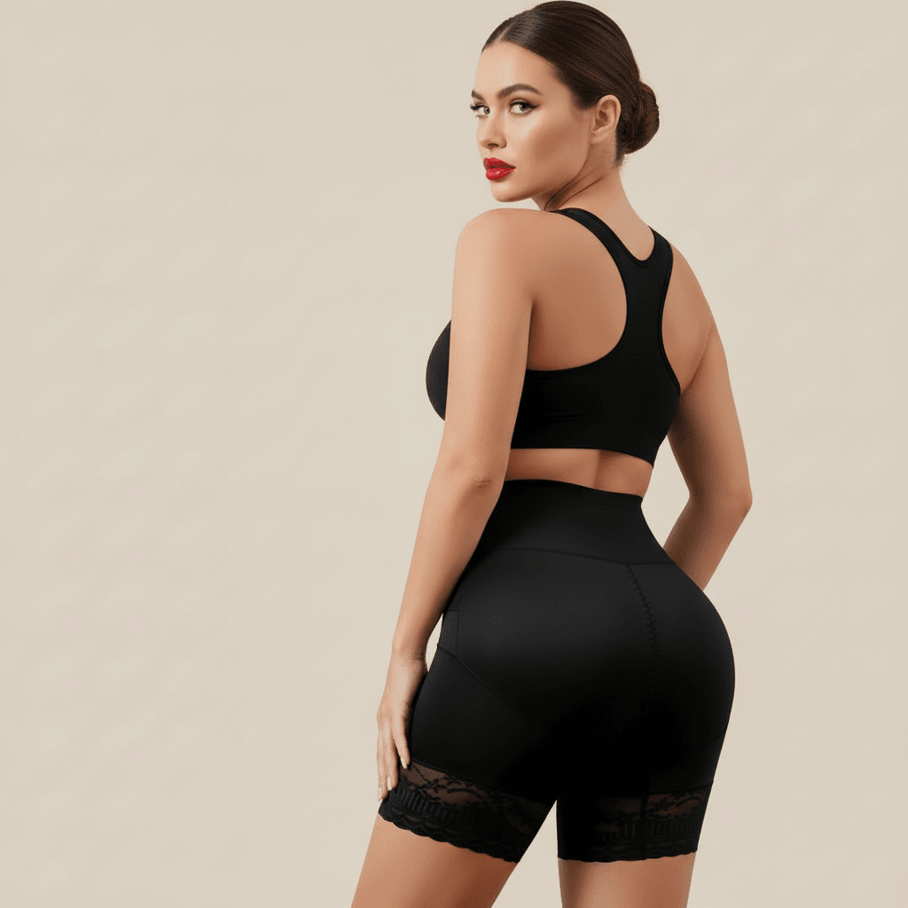 Culotte gainante noire taille haute vue de dos, pose glam chic, visage visible, rouge à lèvres rouge intense