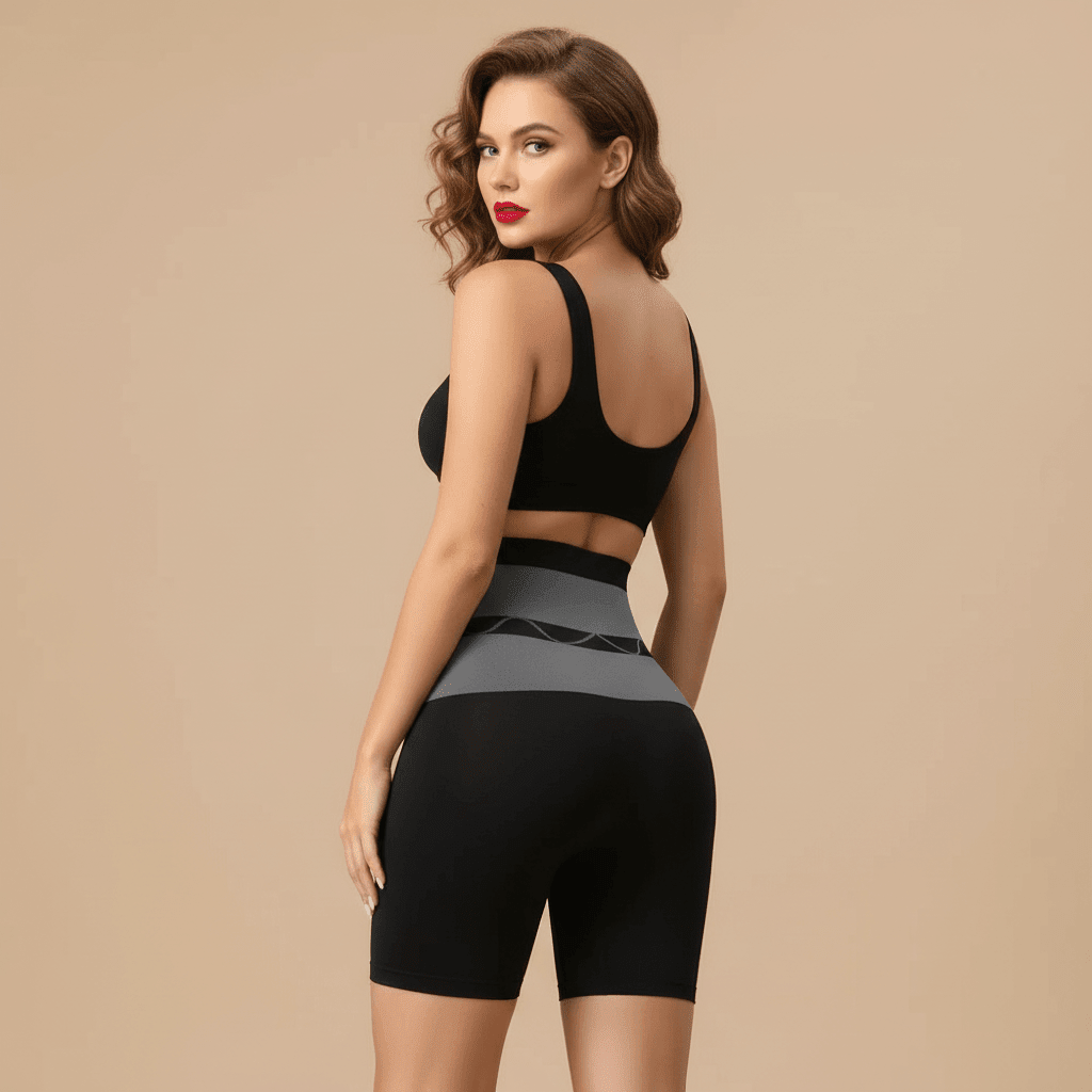 Culotte gainante ventre plat noire taille haute vue de dos, pose glam chic, visage visible, rouge à lèvres rouge intense