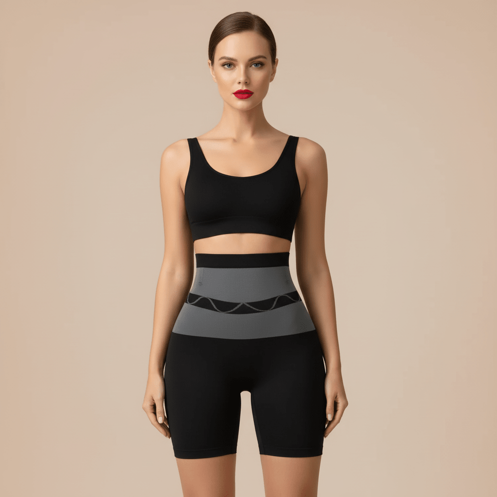 Culotte gainante ventre plat noire taille haute, vue de face, pose glam chic élégante, visage visible, rouge à lèvres rouge intense