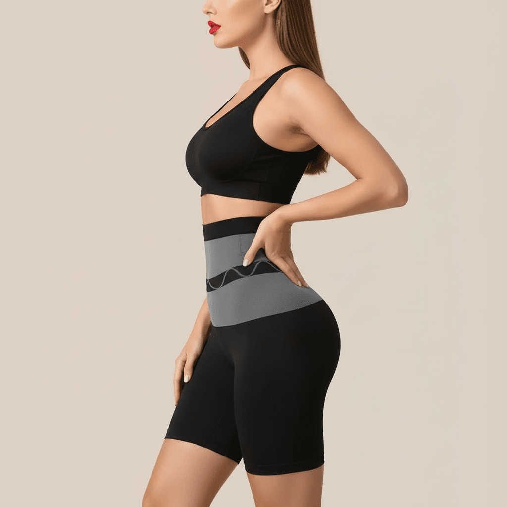 Culotte gainante ventre plat noire taille haute, profil glam chic, pose élégante, visage visible