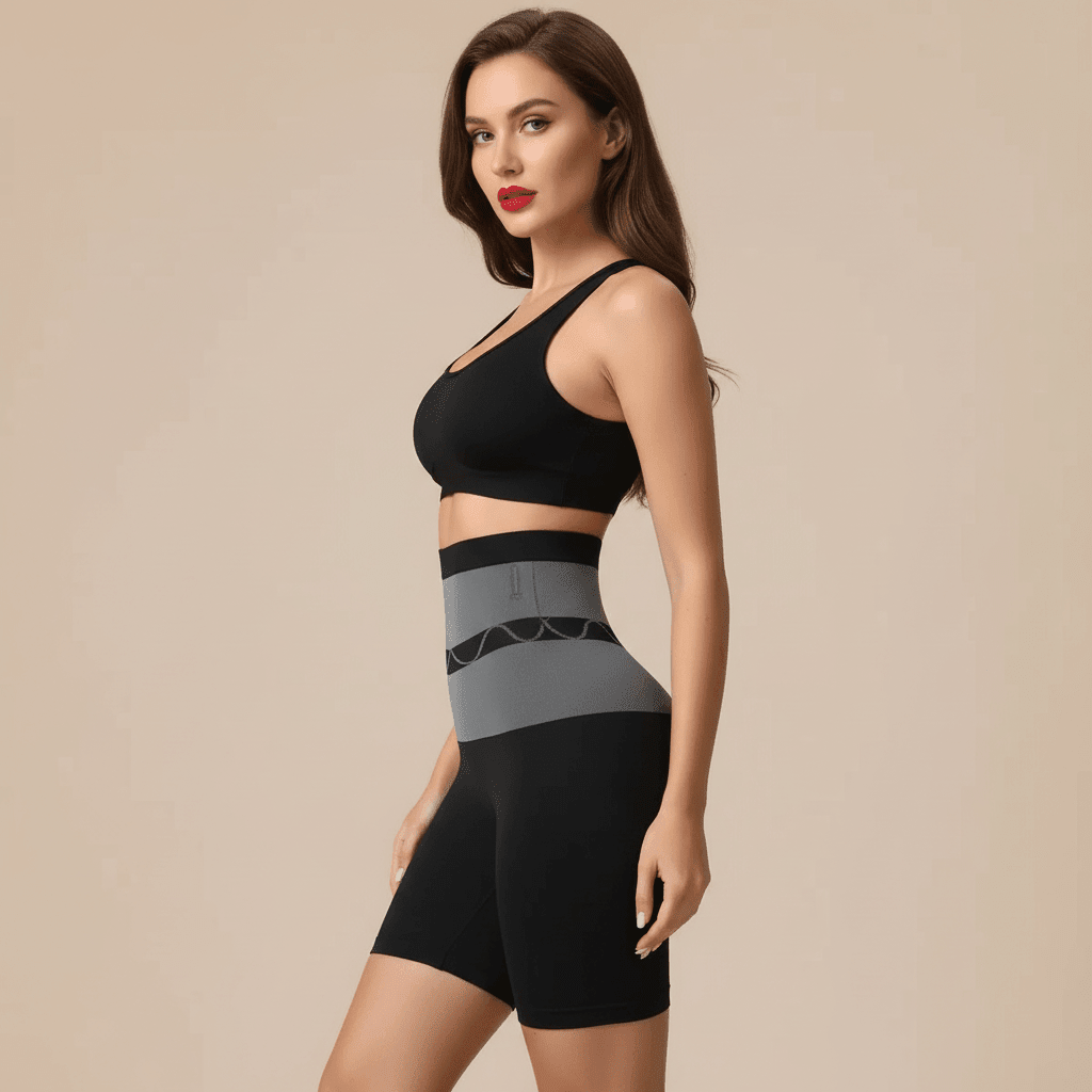 Culotte gainante ventre plat noire taille haute, vue de profil, pose glam chic, visage visible, rouge à lèvres rouge intense