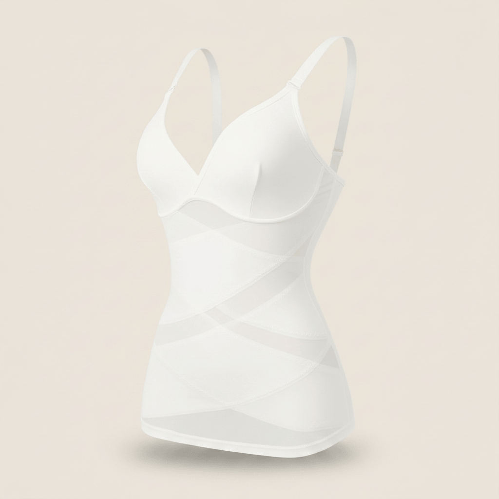 Débardeur gainant blanc effet ghost mannequin, maintien poitrine et mesh à la taille, packshot e-commerce sur fond beige.