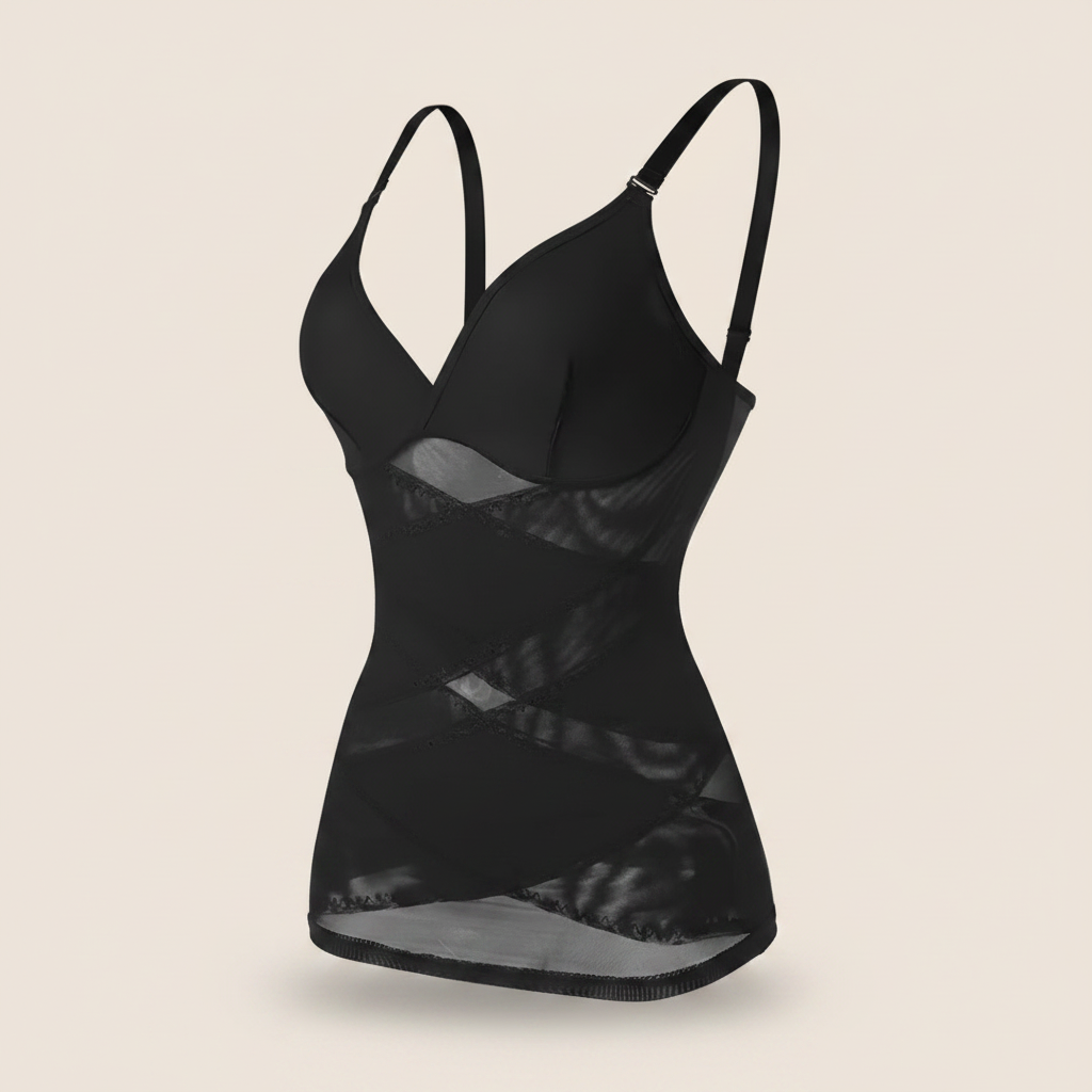 Débardeur gainant noir effet ghost mannequin, maintien poitrine et mesh à la taille, packshot e-commerce sur fond beige.