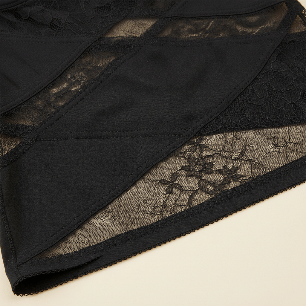Débardeur gainant noir, zoom sur la matière et le mesh/dentelle à la taille, détail couture, photo produit premium.