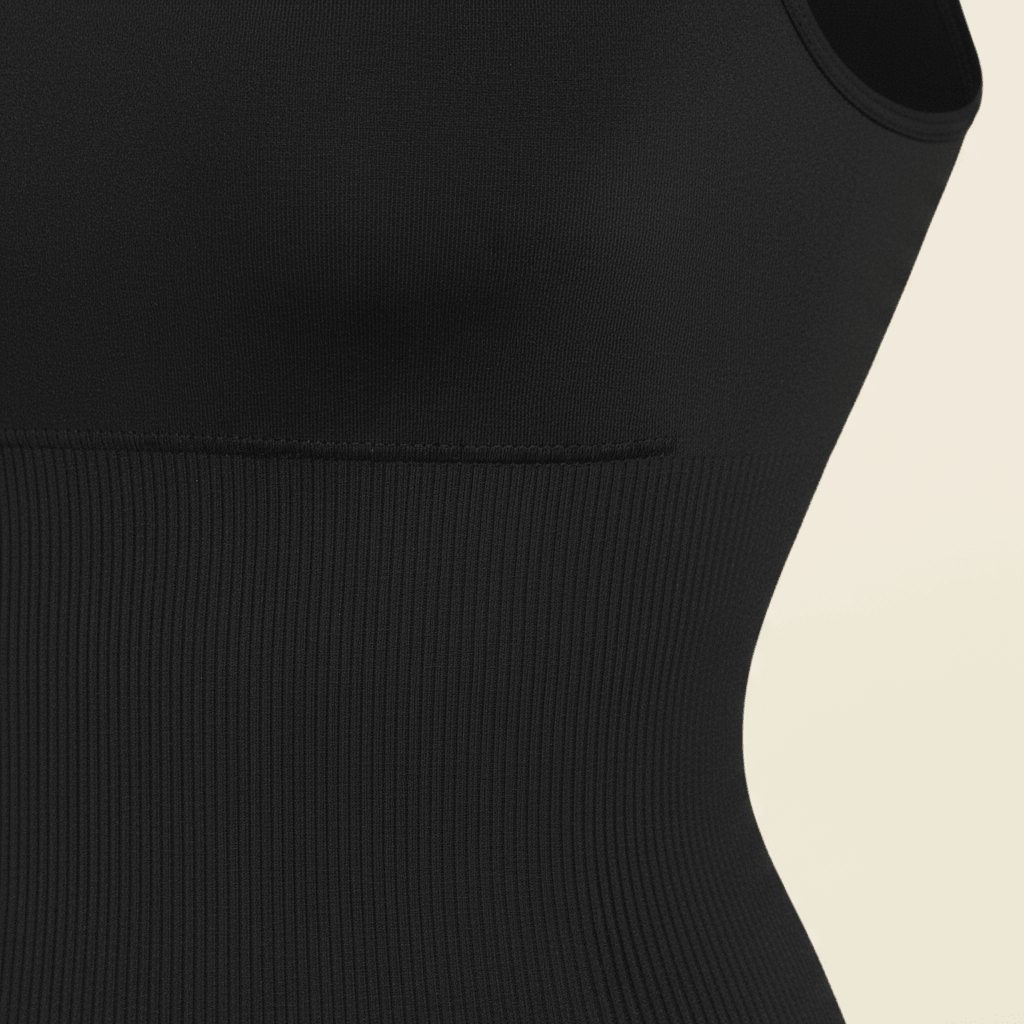 Débardeur gainant noir, zoom sur la matière et la texture côtelée de la zone gainante.