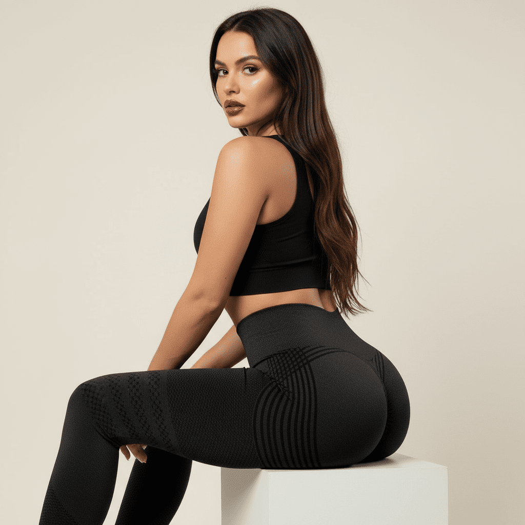 femme assise sur un tabouret montrat l effet fessier galbé de son legging anti cellulite