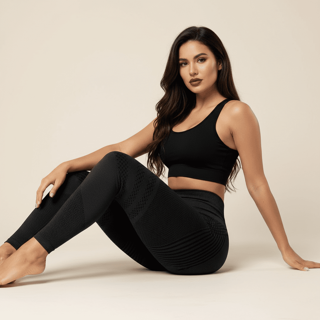 Famme assise sur le sol d'un studio professionnel minimaliste, portant son legging anti cellulite noir montrant son confort avec des jambes légé 