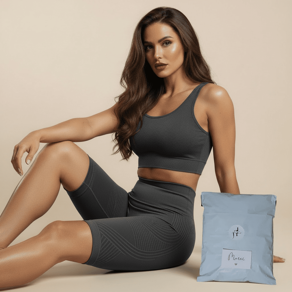 Femme élégante en pose dynamique avec le short sport push-up gris et son packaging premium