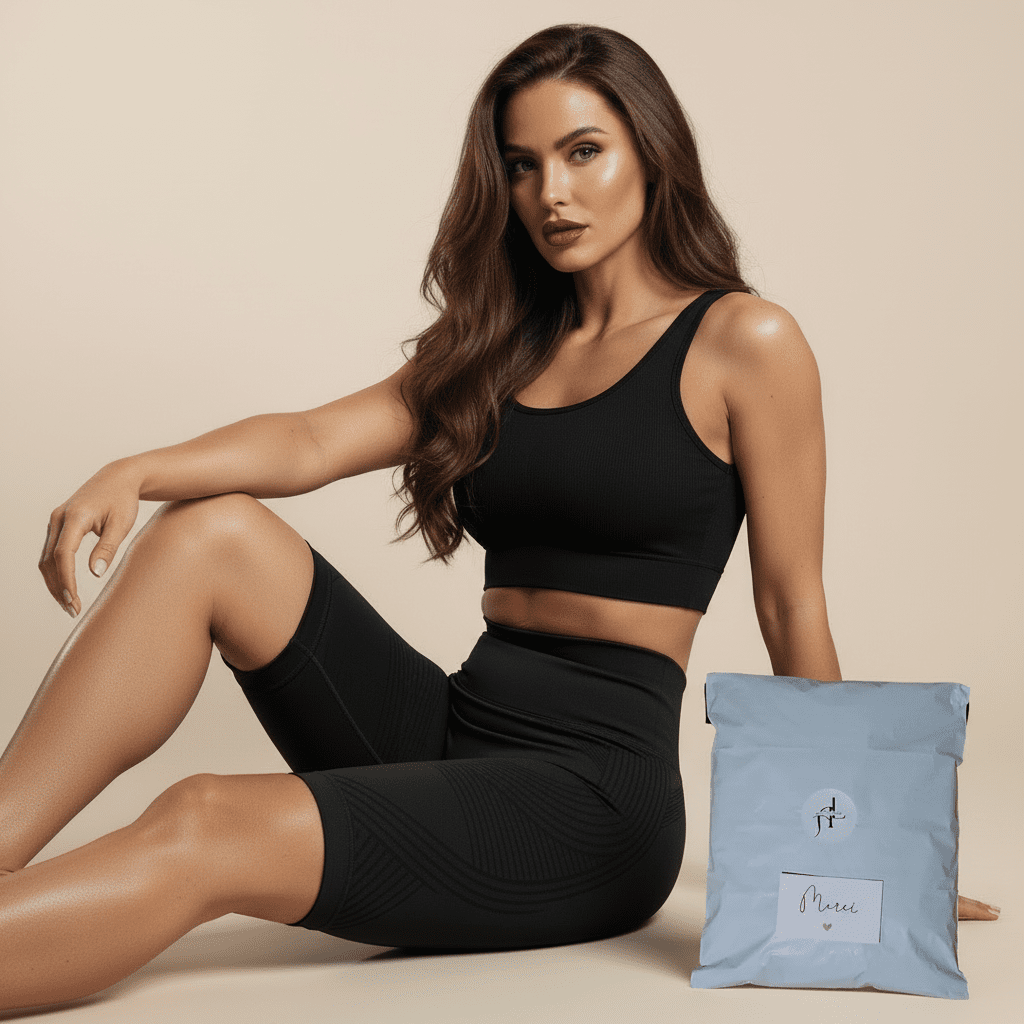 femme élégante portante un short femme sport push up gris à côté d'un emballage produit primum