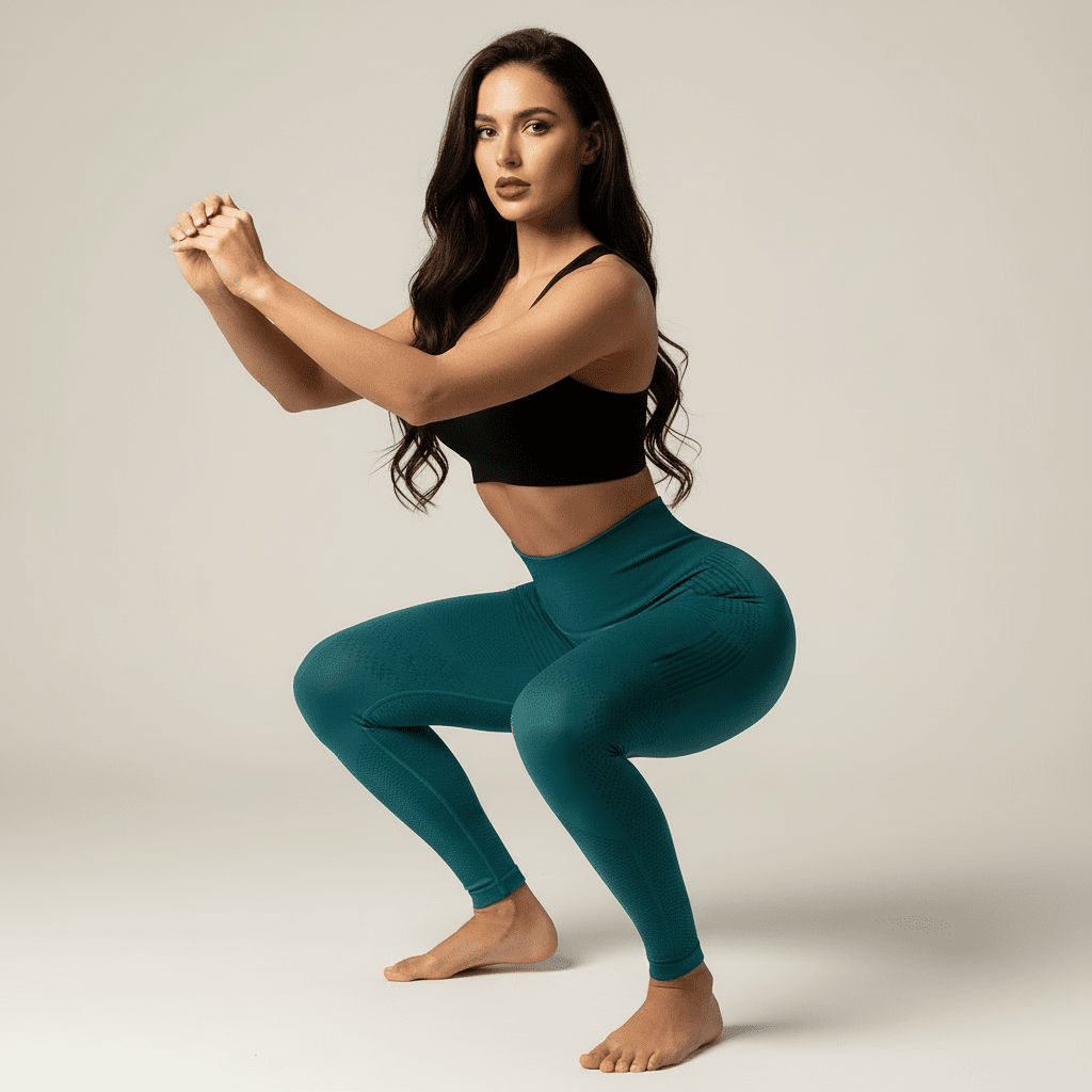 Femme face camera en position de squat portant son legging anti cellulite push-up vert montrant l'opacité du tissu 