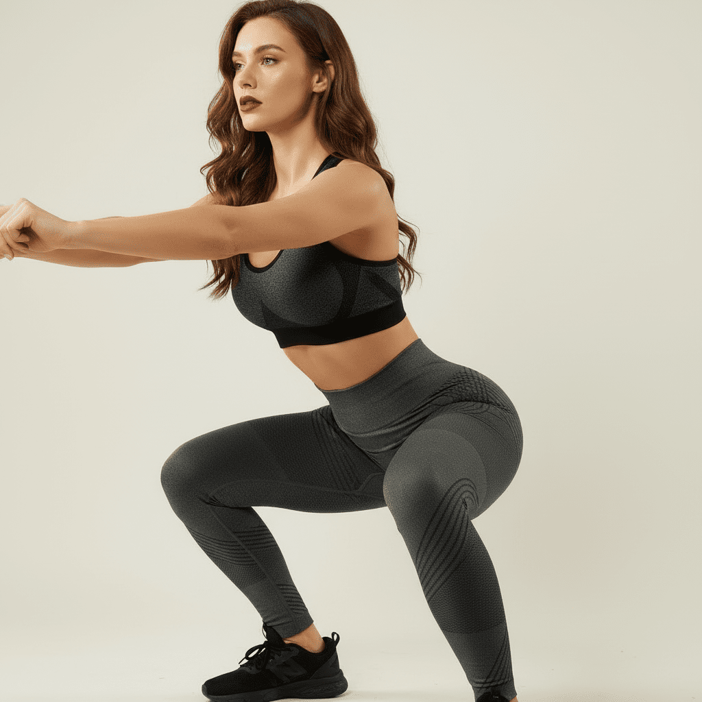 Femme portant son legging anti cellulite push up 3d gris vue de profil faisant squat pour montrer l'effet squat proof du legging 