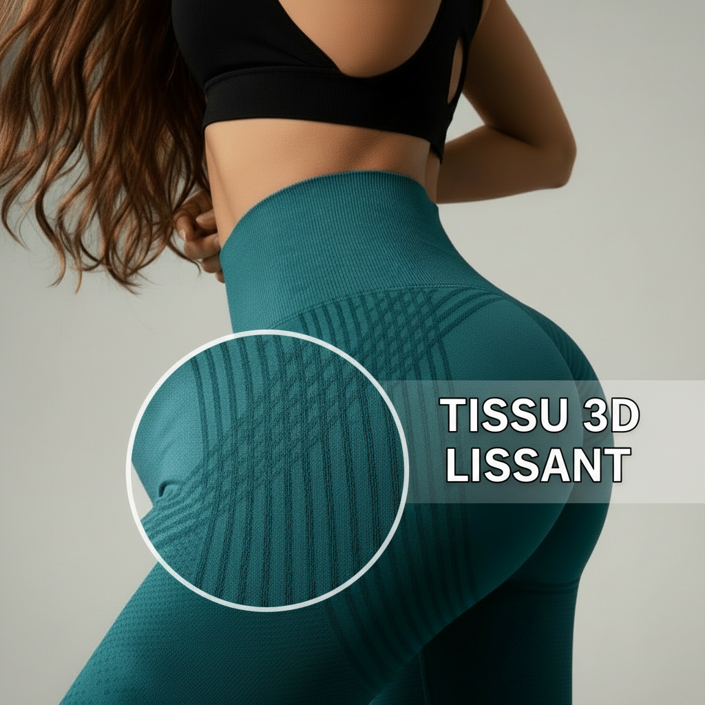 Legging sport femme vert push-up 3D, zoom sur les lignes du tissu 3D au niveau des fesses, texte TISSU 3D LISSANT, brassière assortie, fond studio, style premium