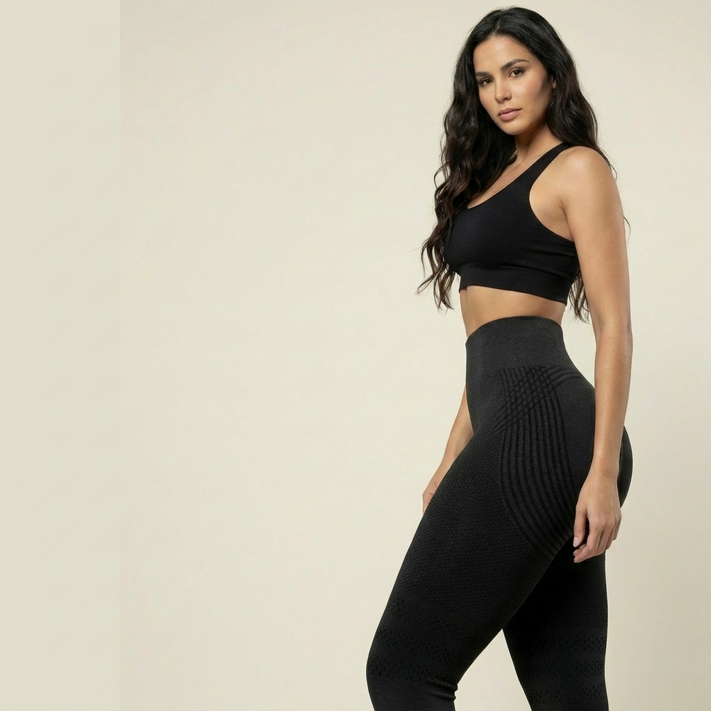 Femme portant un legging 3D sculptant noir ANTI-CELLULITELIFT sur fond beige, photo banner sans texte