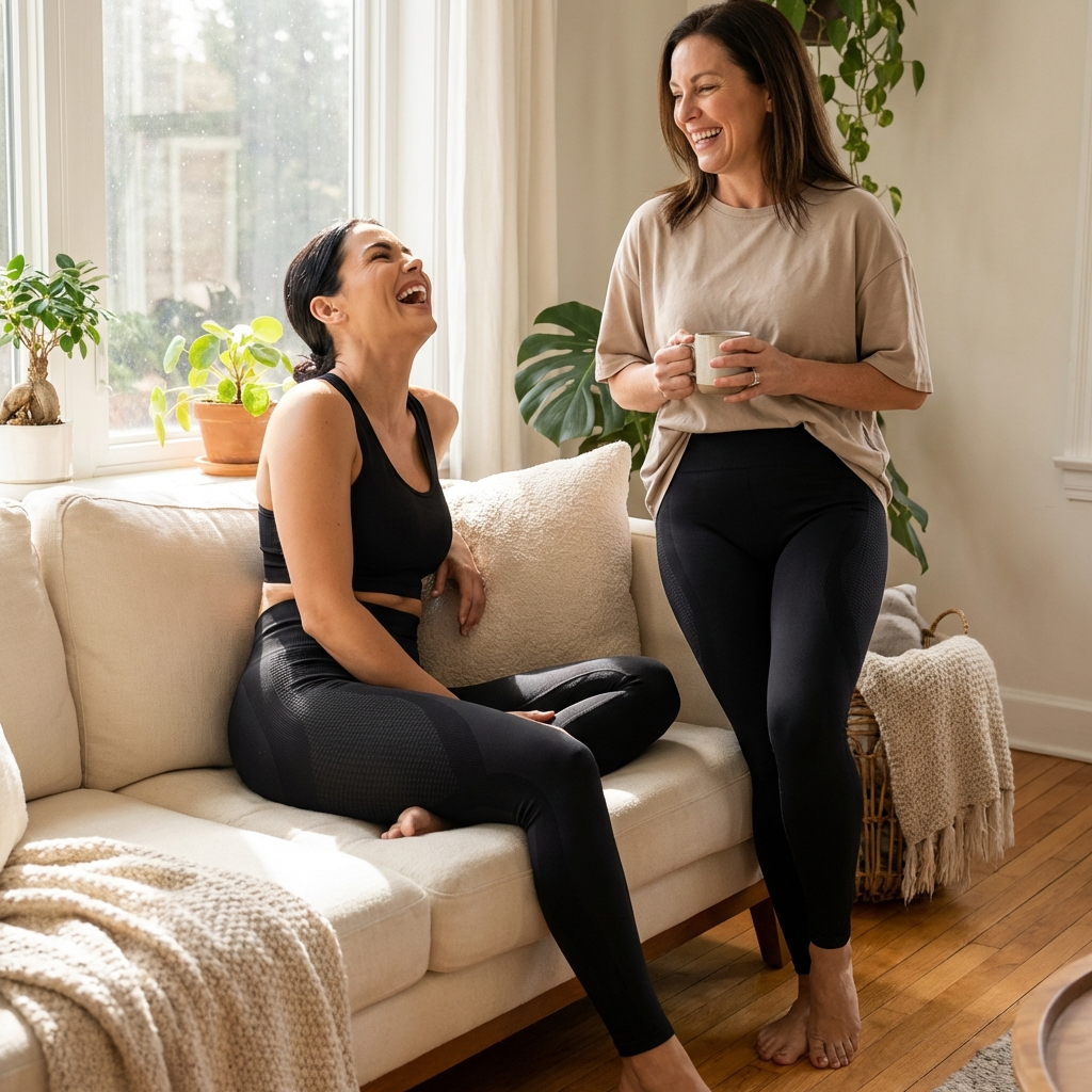 Deux femmes souriantes à la maison portant un legging anti-cellulite 3D noir, photo lifestyle avis clientes