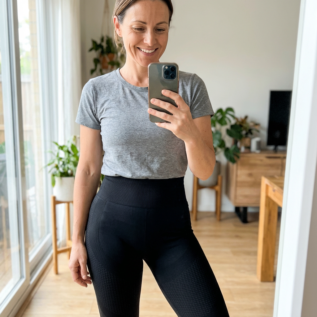 Femme faisant un selfie à la maison portant un legging anti-cellulite 3D noir, confortable et gainant