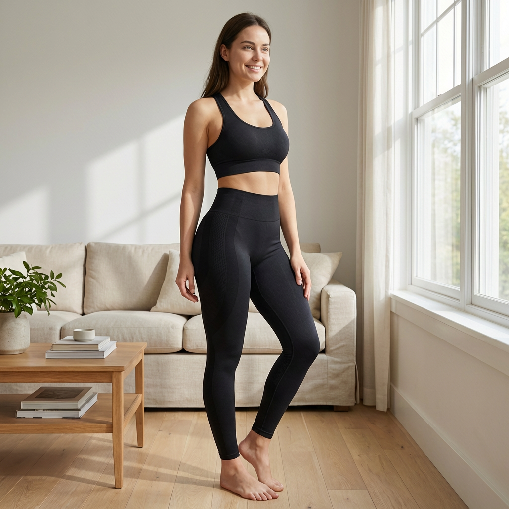 Selfie réaliste à la maison avec legging anti-cellulite 3D noir, taille haute sculptante