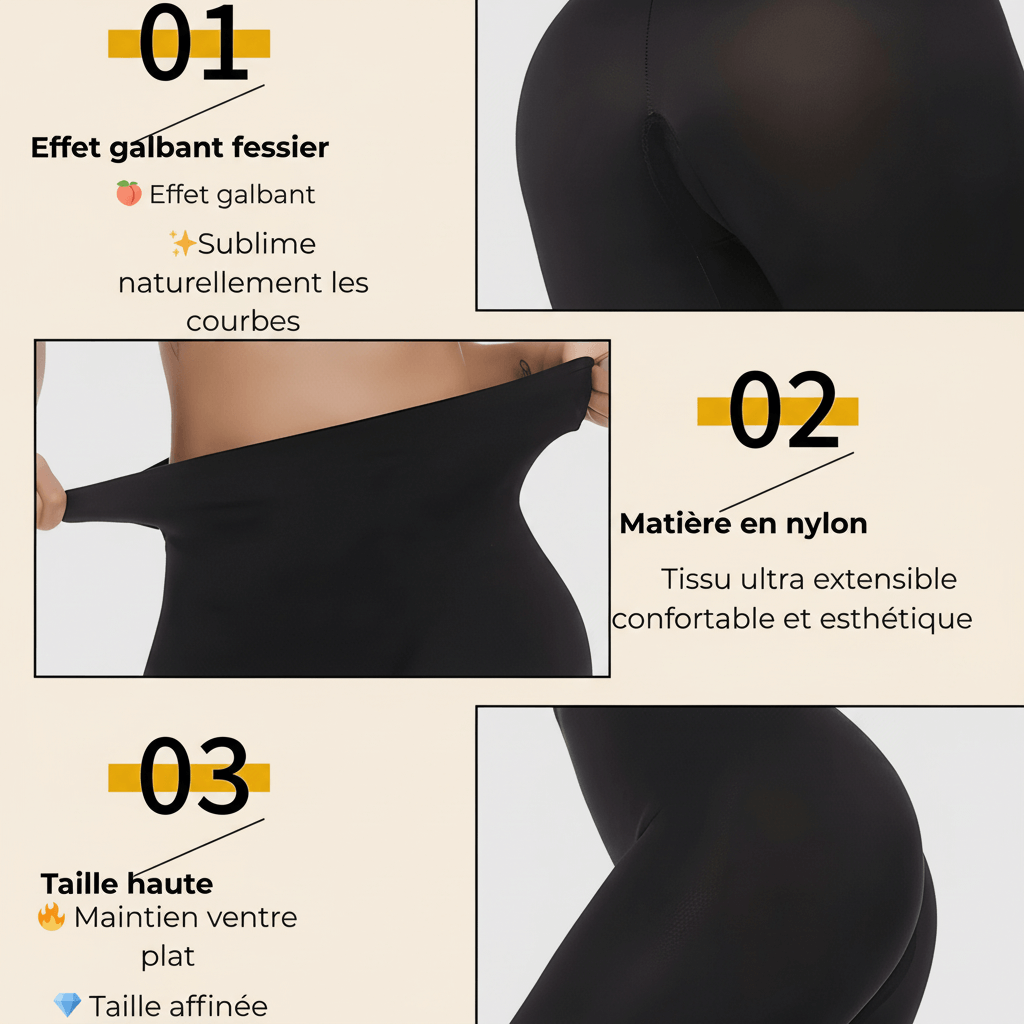 Infographie legging anti cellulite : effet galbant fessier, matière nylon extensible, taille haute gainante