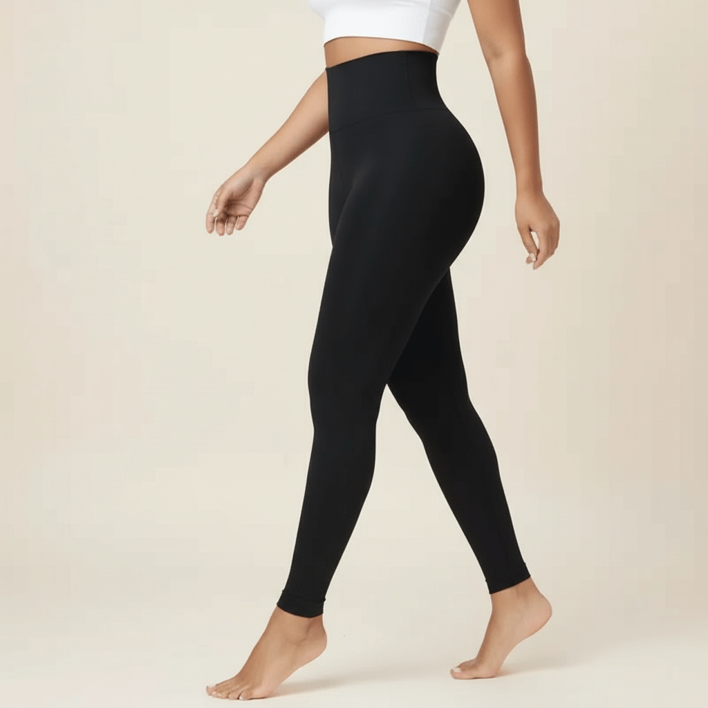 Femme portant un legging anti cellulite noir taille haute lisse, vue de profil en marche, photo studio fond crème