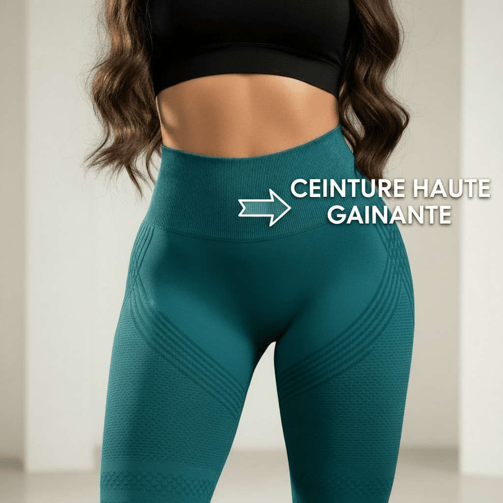 Legging sport femme vert push-up 3D, gros plan sur la taille, flèche premium et texte CEINTURE HAUTE GAINANTE, brassière assortie, fond studio, style premium